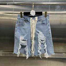 VGH Hit Color Hollow Out Patchwork Lace Up Denim Shorts Dla Kobiet Wysoka Talia Streetwear Luźne Krótkie Spodnie Damskie Styl Mody