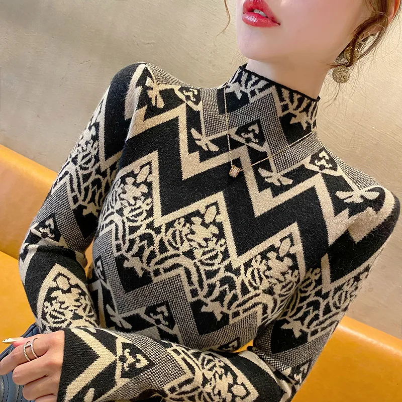 Light Luxury Autumn Winter Half High Collar Casual Argyle Sweater Female Fashion All-match Jumpers Women Knitted Pullover Tops