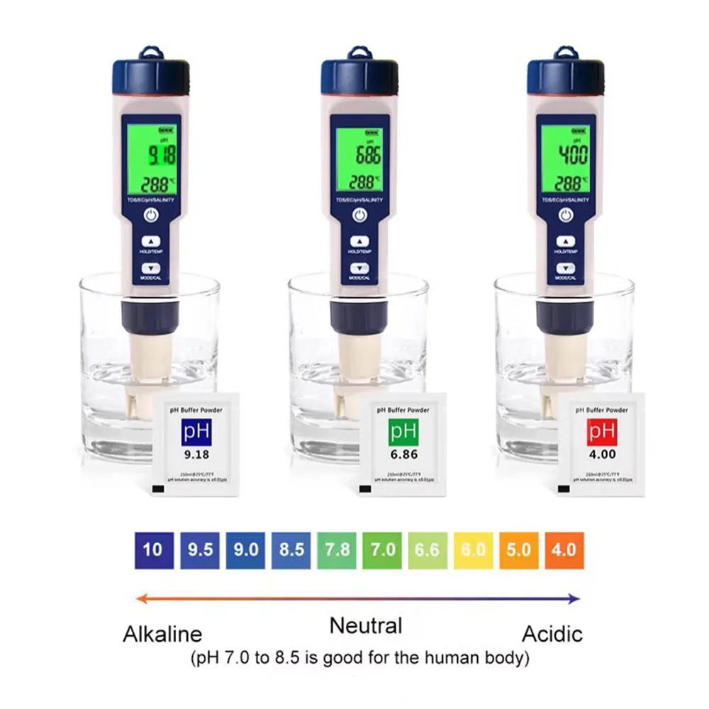 High-precision Home Water Quality Detector Multifunctional 5-in-1 PH/TDS/EC/SALT/TEMP Detection For Wate/Food/AquaculturePool