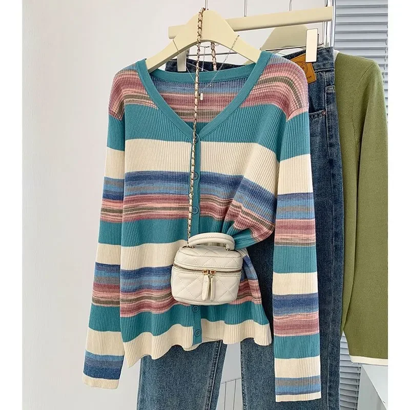 Sweater Long-sleeved Sweater Spring Autumn Thin Top Color-blocking Striped V-neck Base Shirt Loose Knit