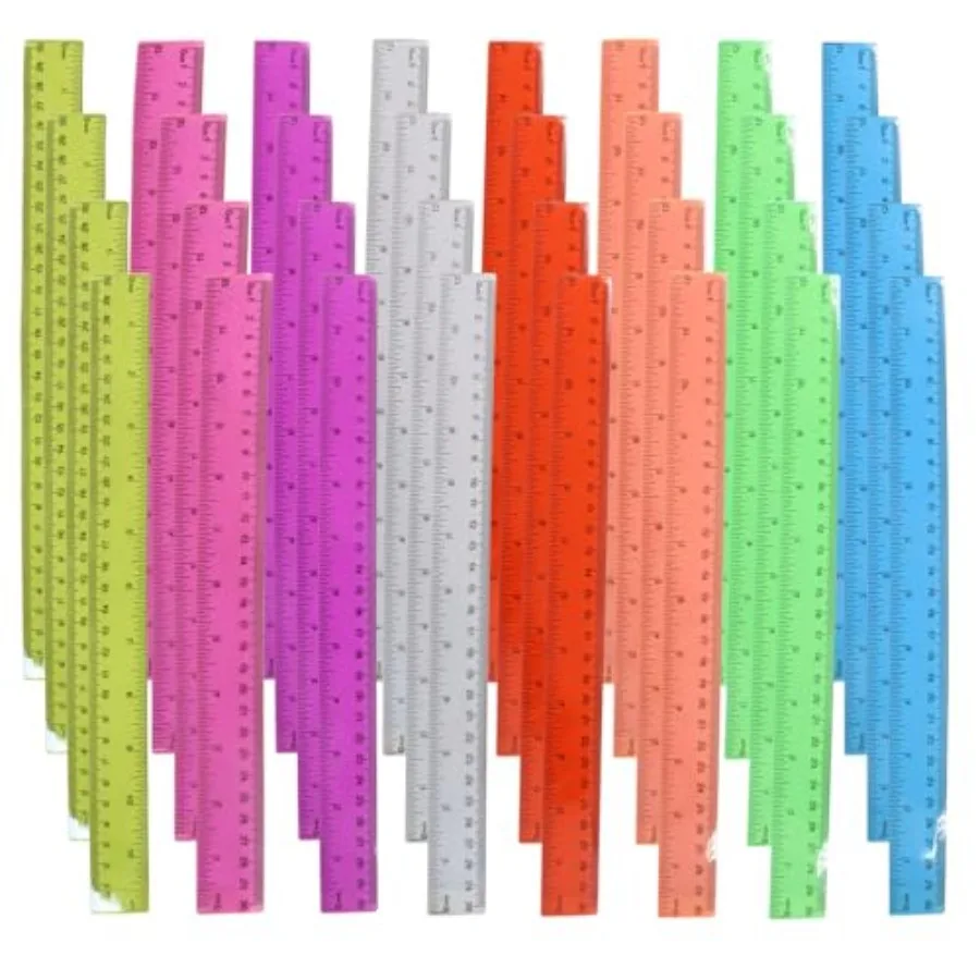 School rulers for kids and office use: 32-pack plastic 12-inch assorted color rulers with centimeter markings, durable and vibr