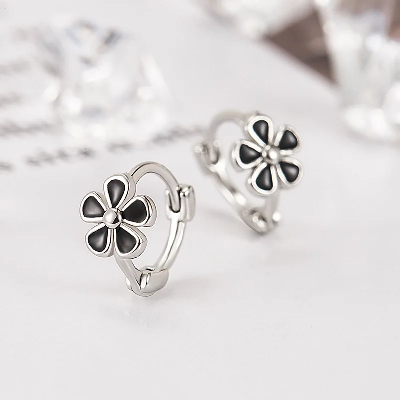 KOFSAC Black Small Flower Earrings Female Temperament 925 Sterling Silver Sweet Petal Jewelry Earrings Simple 2023 New Earrings