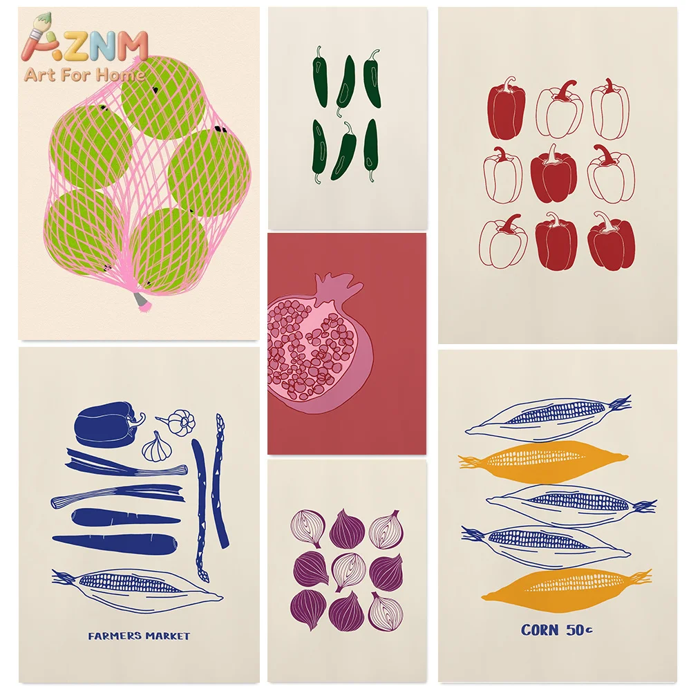 AZNM Minimalist Vegetable Fruit Canvas Print Lime Pepper Corn Onion Pomegranate Farmers Market Modern Kitchen Unframed Wall Post