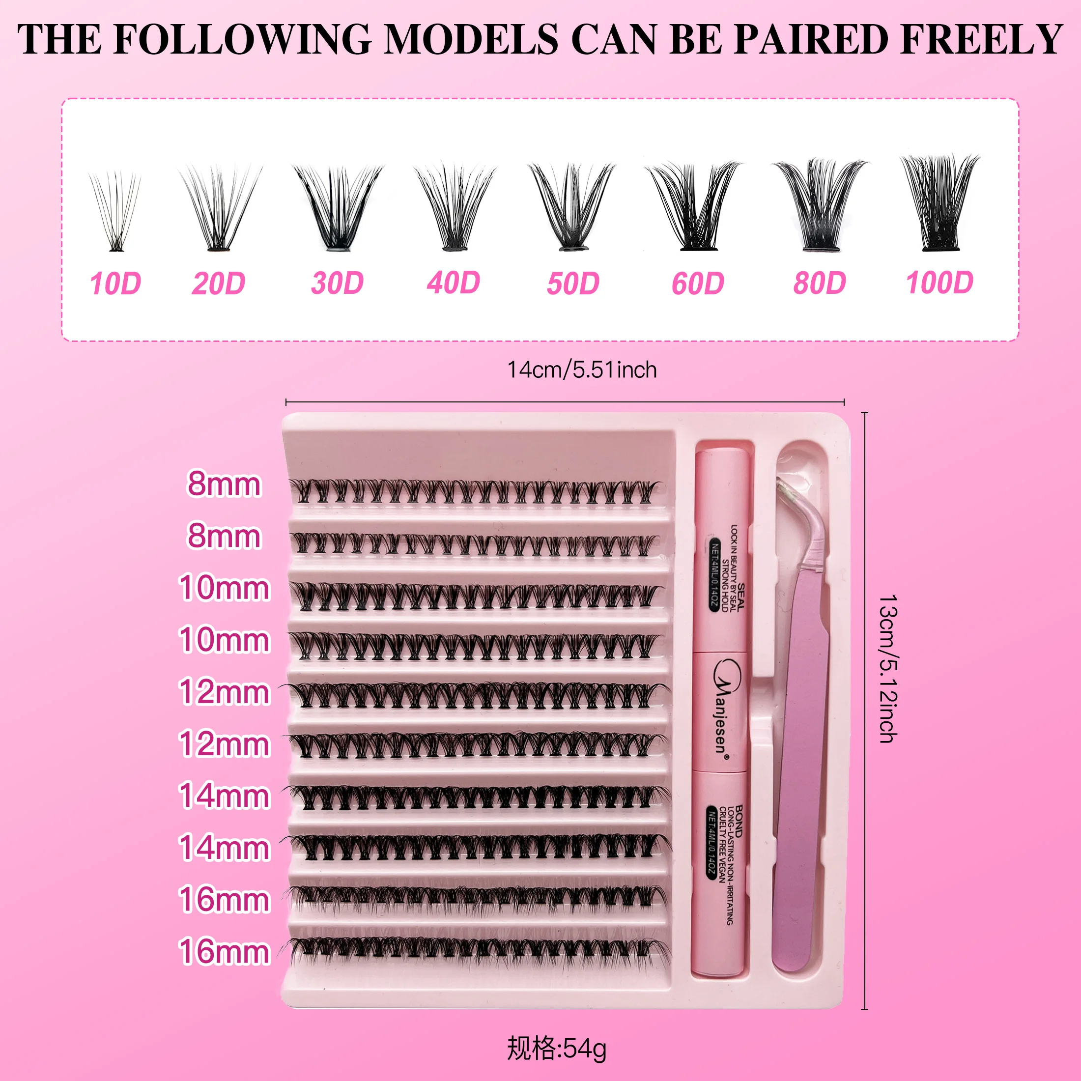 Lasvnna kit de clusters de cílios com retenção forte à prova d'água, kit de extensão de cílios diy, ligação e vedação e pinça de cílios, maquiagem