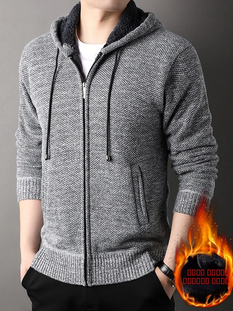 

Мужской зимний вязаный свитер с капюшоном, утепленный флисом, однотонный, на молнии, кардиган, верхняя одежда, повседневный, свободный крой