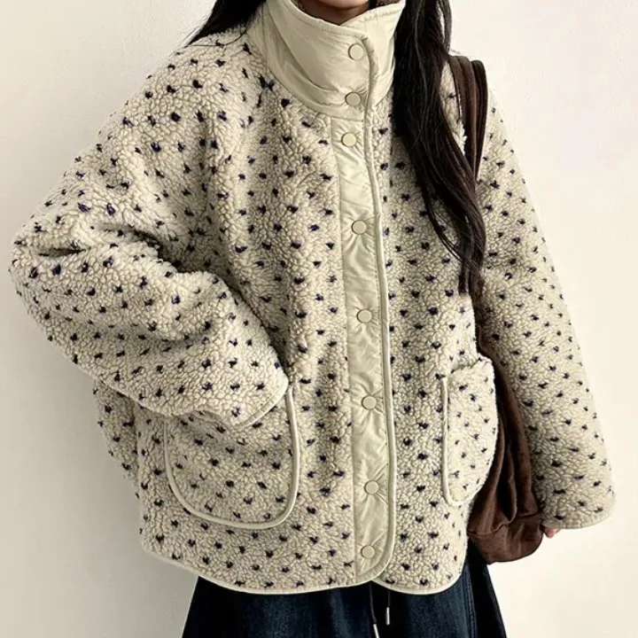 

Chic Autumn Winter Lamb Fur ket Coat Women's Faionable Vintage Design Heart ape Outerwear Warm Cotton Straight Cut