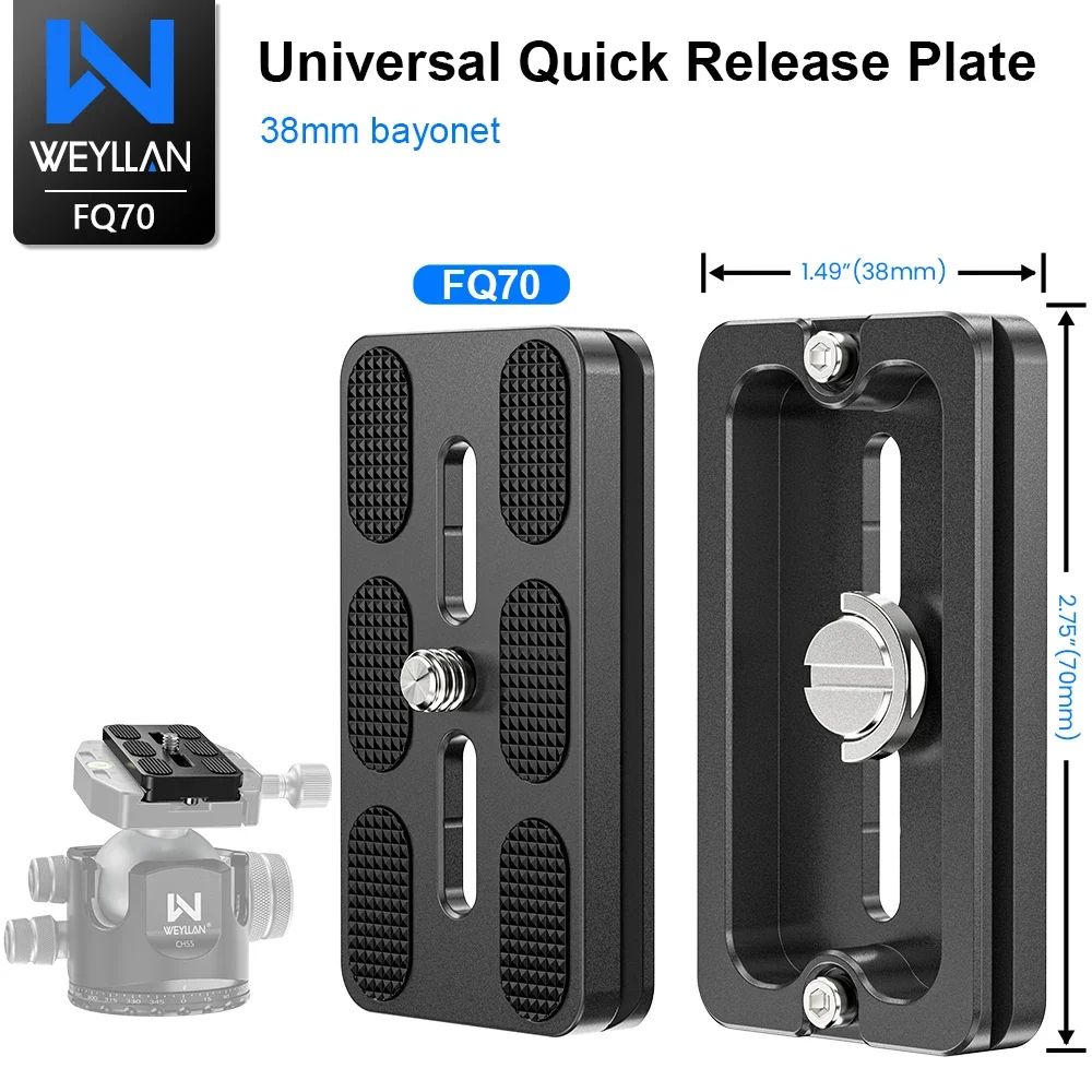 

WEYLLAN FQ70 Universal Quick Release Plate w 1/4 inch Screw For Tripod Ball Head Compatible With Arca Swiss Spec. QR DSLR Camera