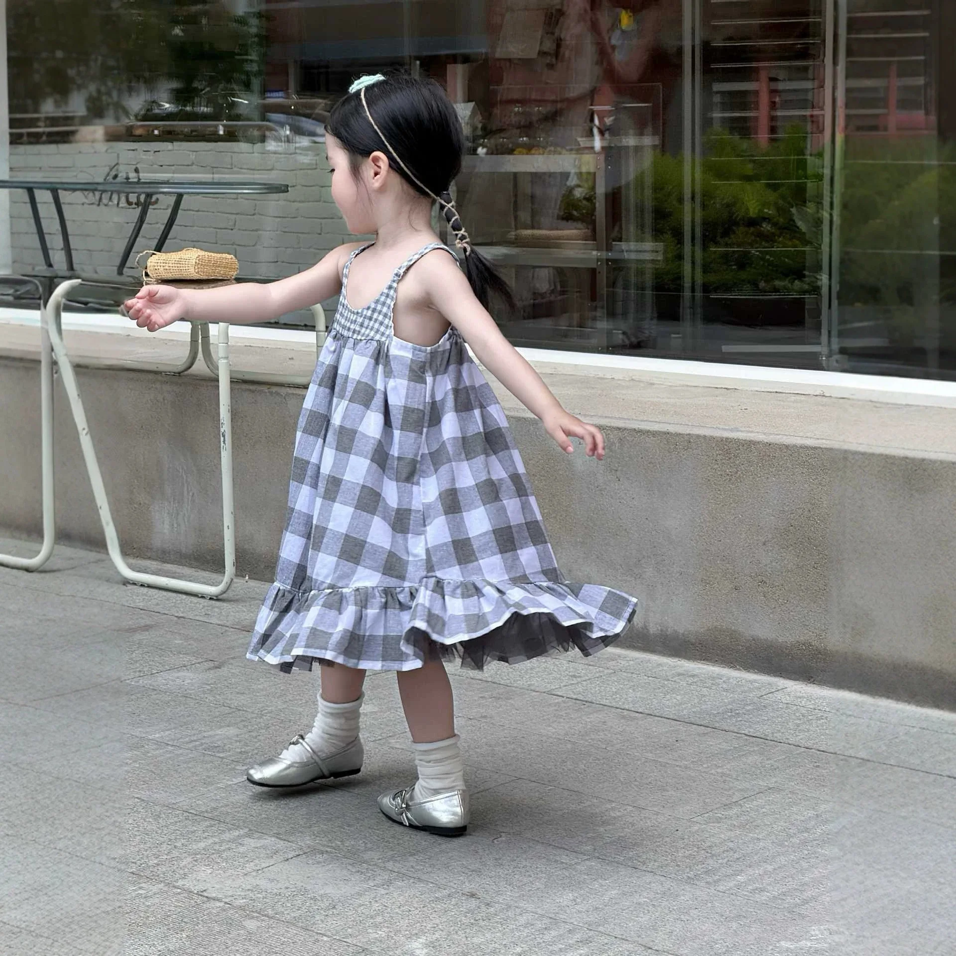 2026 Summer New Korean Childrens Clothing Girls Forest Series Splicing Checkered Yarn Lotus Leaf Princess Strap Skirt
