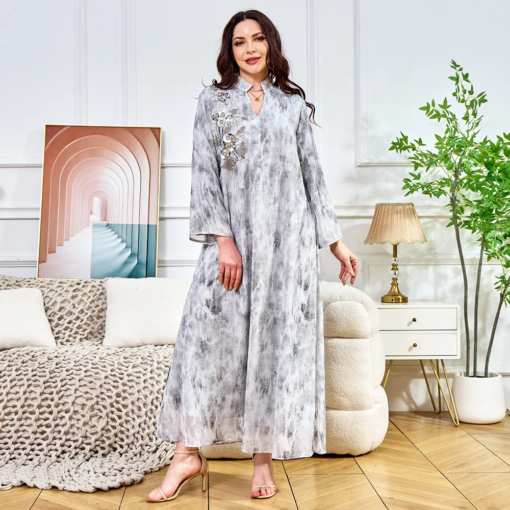 라마단 이슬람 여성 긴 드레스 진주 스팽글 자수 긴 소매 저녁 파티 가운 두바이 Femme 우아한 캐주얼 Vestidos Abaya