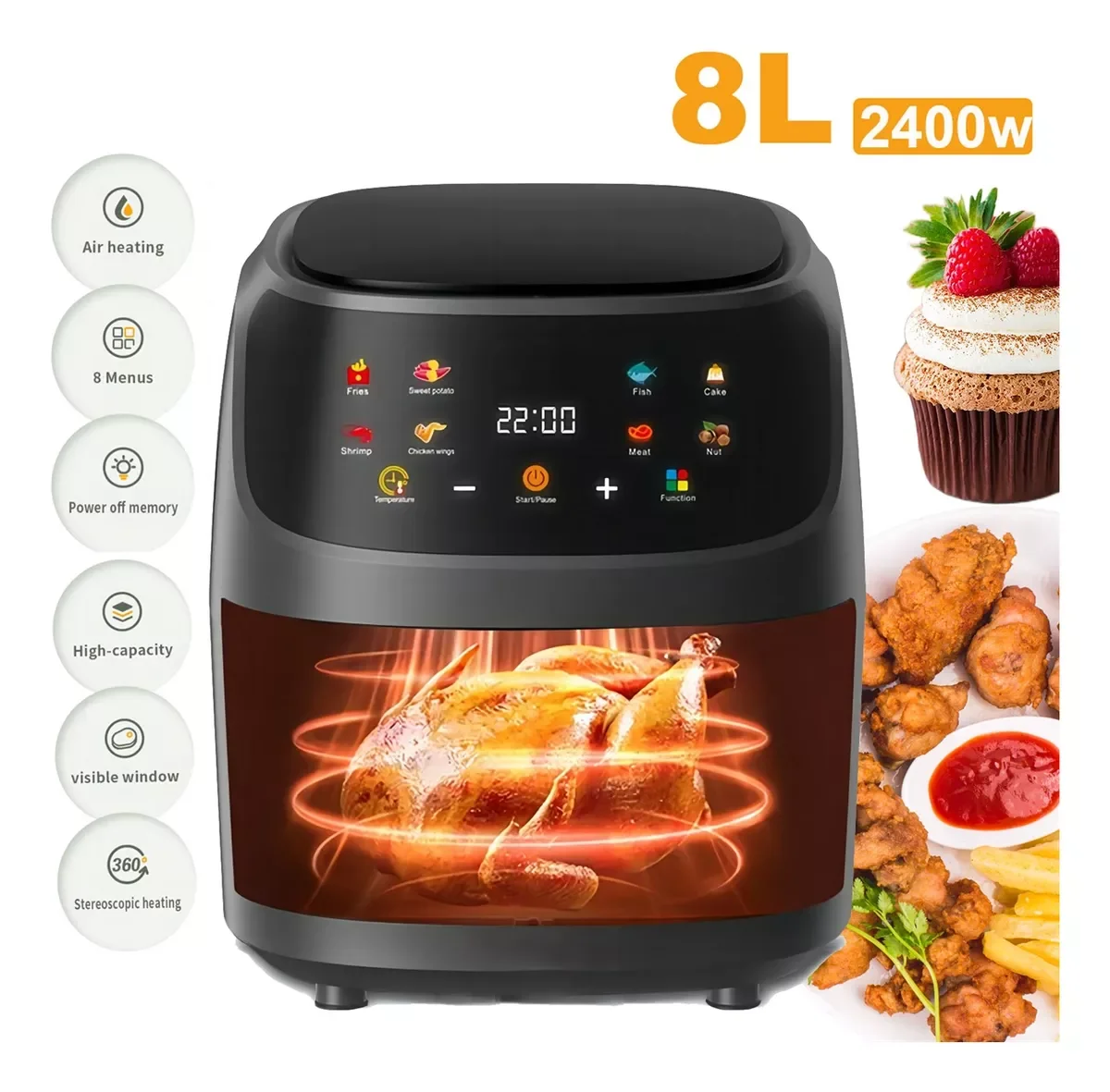 Friteuse à air programmable avec écran tactile, 8 L, 2400W, régulation de température,