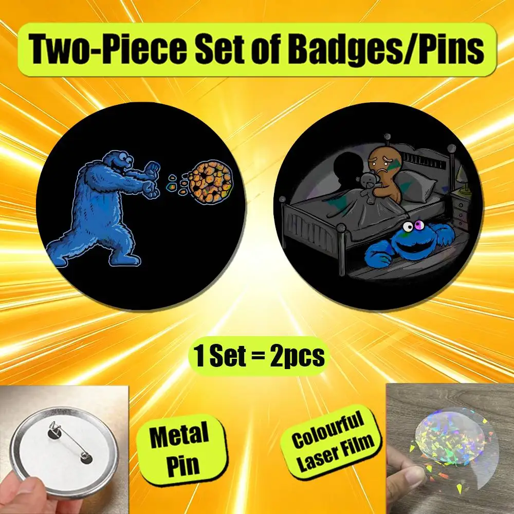For Cookie Monster Fanart Enamel Pin Badge Set 2PCS Round Metal Button Brooch Backpack Ita Bag Pins Custom - view 4