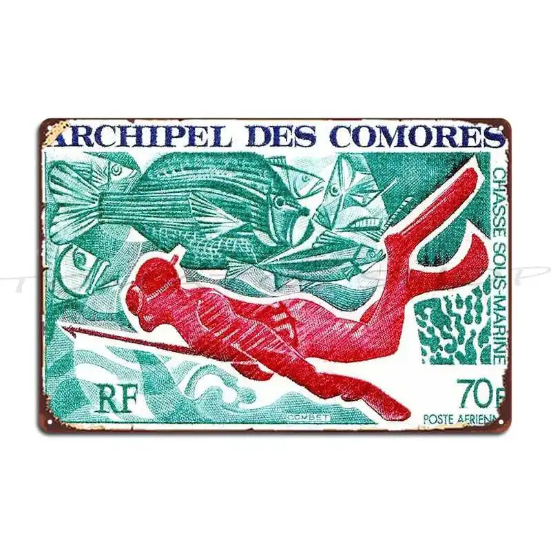 1972 Comoro Islands Spearfishing Postage Stamp Metal Sign Wall Mural Cave Cinema Customize Iron Tin Sign Poster