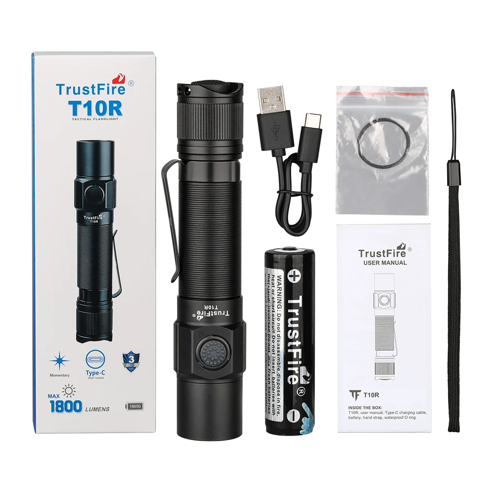 Trustfire T10R Taktische LED-Taschenlampe, 1800 Lumen, leistungsstark, Typ C, USB wiederaufladbar, 18650-Taschenlampe, Hochleistungslampe,