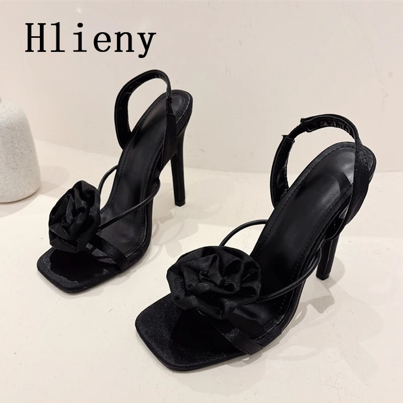 Hlieny Summer Sexy Silk Flower Back Strap Sandals Woman Fashion Square Toe Stiletto High Heels Banquet Wedding Party Pumps Shoes