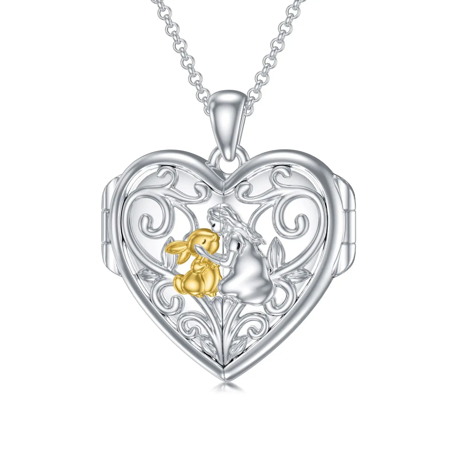 

Rabbit Locket Necklace That Hold Pictures Sterling Silver Bunny and Women Heart Photo Locket Pendant Jewelry Gifts for Women