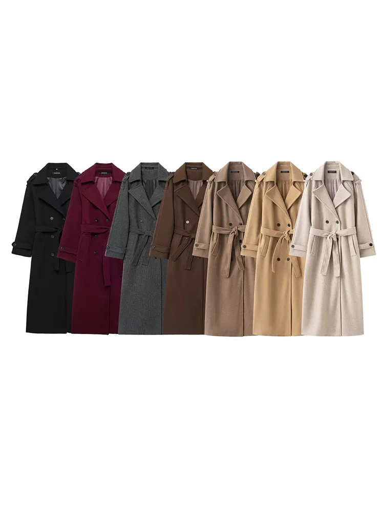 HH Women 2025 Winter Classic Fashion Woolen Double-breasted Windbreaker Jacket Coat Female Casual Belt Pocket Streetwear Jacket