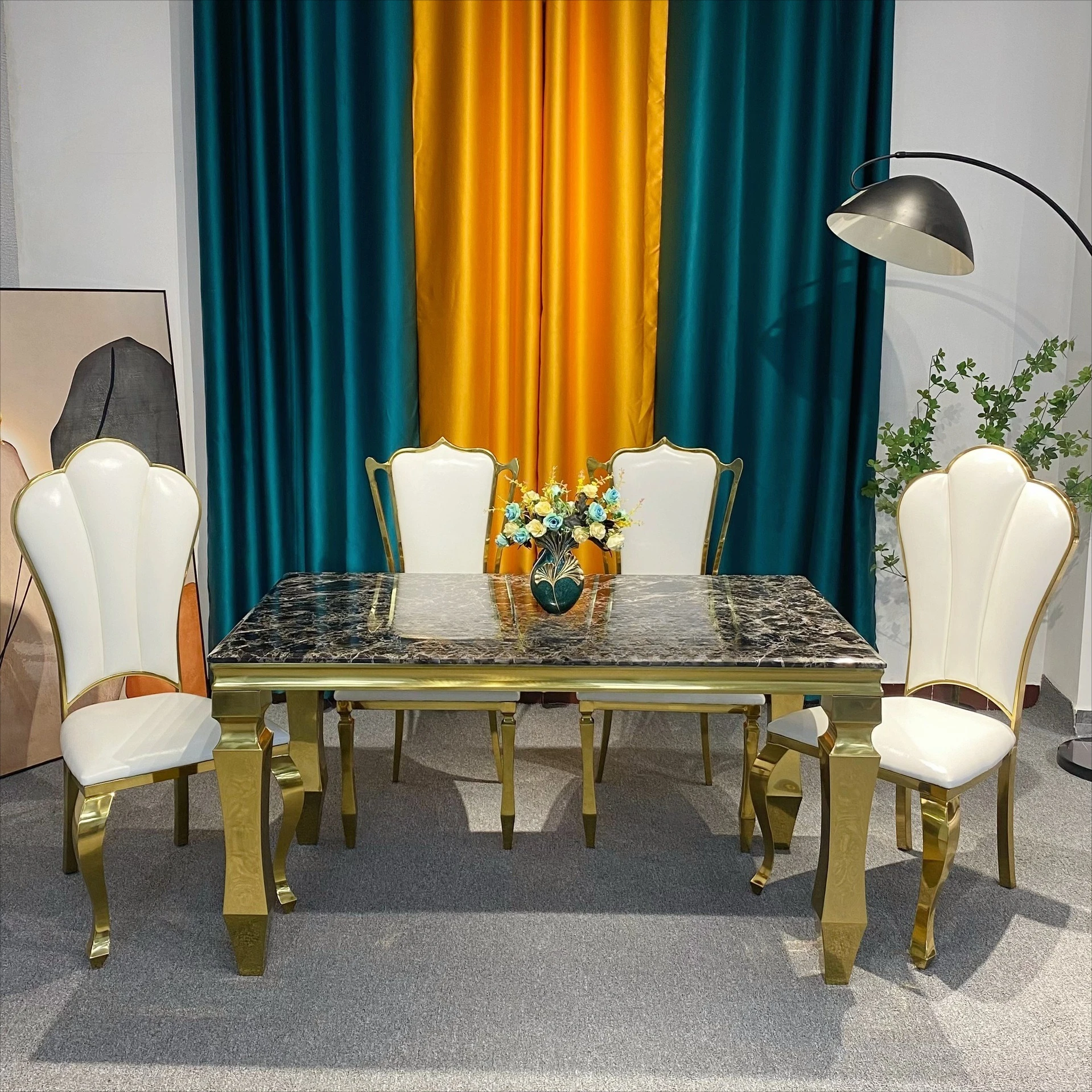 

light luxury style, stainless steel household, small apartment, marble, rectangular dining table and chairs