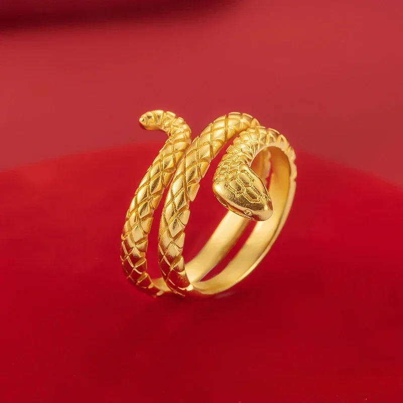 Real 999 Gold Classic Open Snake Ring for Women, Solid 24k Gold Open Rings Lucky Jewelry Birthday Gifts for Ladies