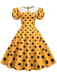 Peter pan Collar Elegant Women Summer Dress Puff Short Sleeve Polka Dot Vintage Dress A-line Midi Party Sundress