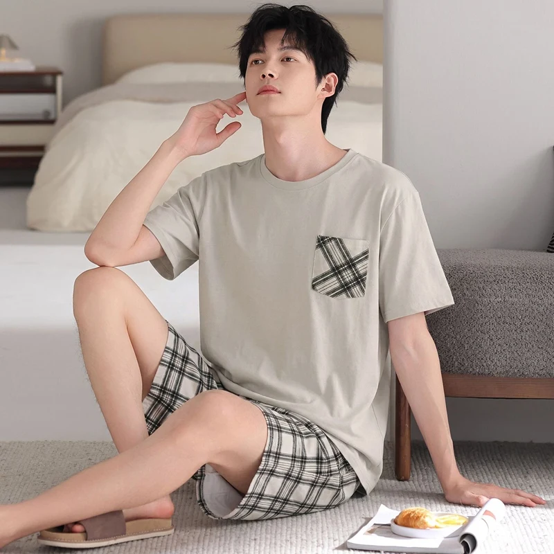 2026 Summer Plus Size Short Sleeve 100% Cotton Pajama Sets for Men Casual Plaid Sleepwear Suit Pyjama Male Homewear Home Clothes