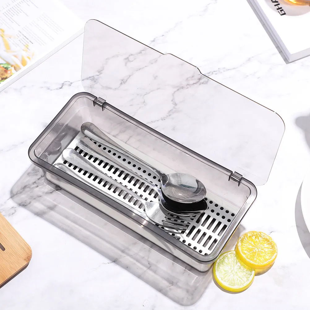 

2Pcs Cutlery Box Multi-Function Chopsticks Holder Draining Dry Kitchen Utensil Organizer Transparent Lid Countertop Storage