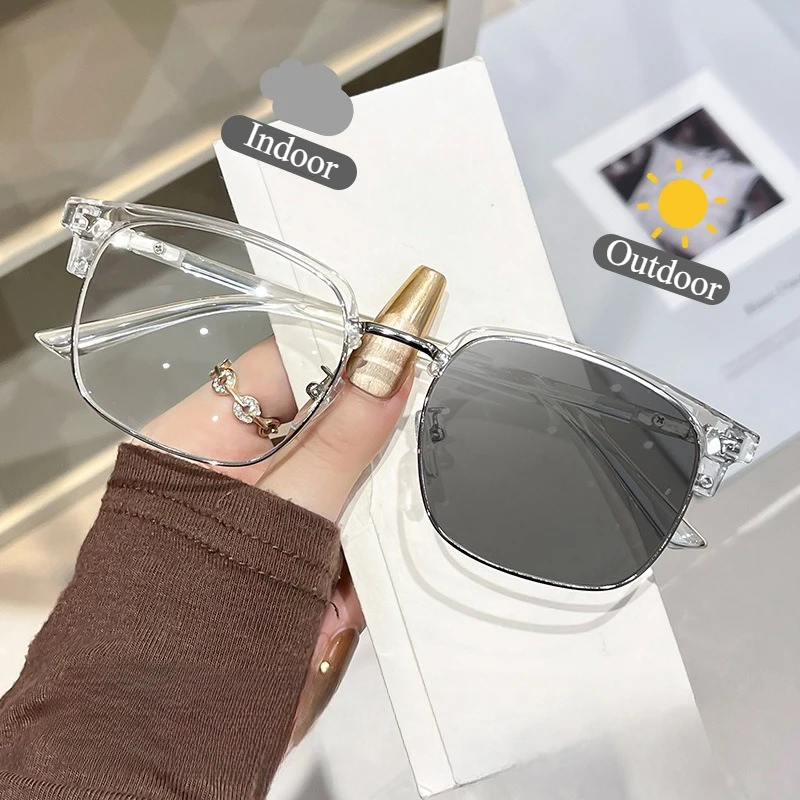 Retro Photochromic Reading Glasses for Women Men Anti Blue Light Plus Diopter Eyewear Square Smart Changing Color Sunglasses