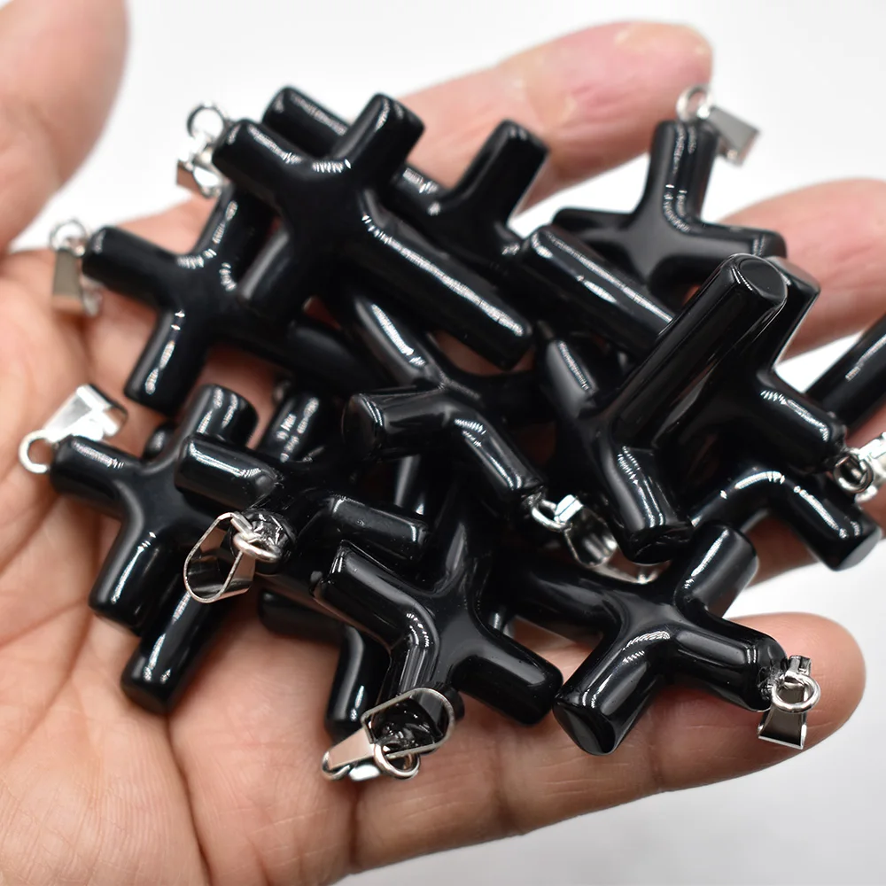 Großhandel 10 Stück/Set modische Naturstein-Obsidian-Kreuzanhänger für Schmuckherstellung, Charm-Halsketten-Zubehör, kostenloser Versand – Detail 1