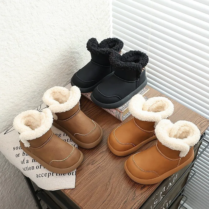 

Новинка зимы 2024, детская обувь, теплые плюшевые зимние ботинки, модные повседневные ботинки для мальчиков и девочек, нескользящая мягкая подошва