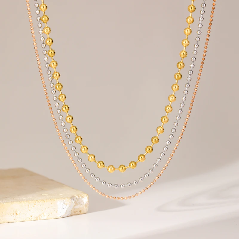 EILIECK 316L Stainless Steel Multilayer Beads Chain Necklace For Women Fashion 3-Color Waterproof Neck Chain Jewelry Lady Gift
