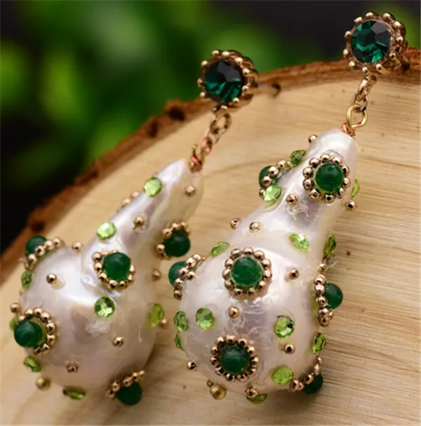 HABITOO Original 925 Silver  Natural Large Baroque Pearls Green Crystal Handmade Earrings Ladies Pearl Earrings Gift for Women