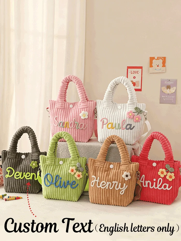 Personalisierte, handbestickte Umhängetasche mit Namen – Bonbonfarbene Cord-Bucket-Bag für den Alltag – Detail 7