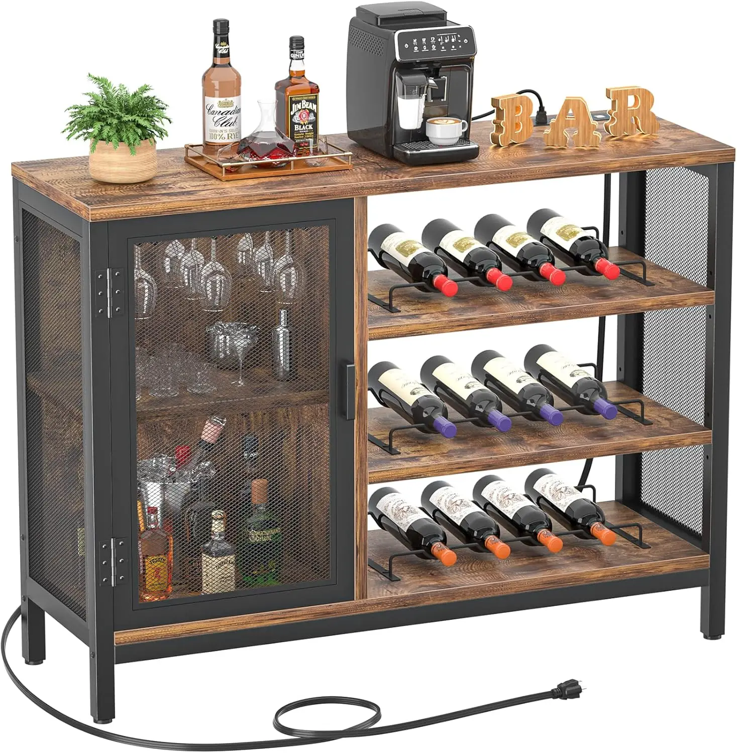 

Wine Bar Cabinet with Power Outlets, Industrial Coffee Bar Cabinet for Liquor and Glasses, Farmhouse Bar Cabinet