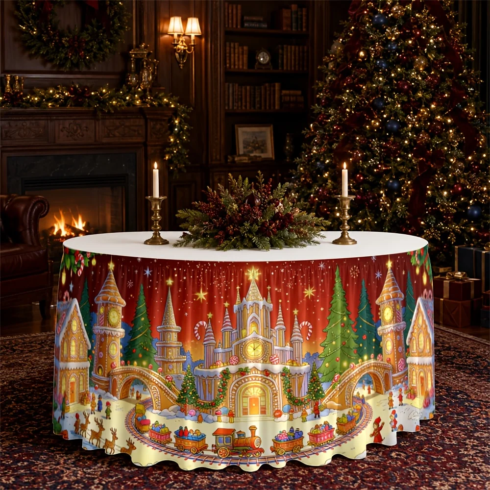 One table skirt, Christmas village print, polyester, festive, magical, comfortable, charming, winter wonderland