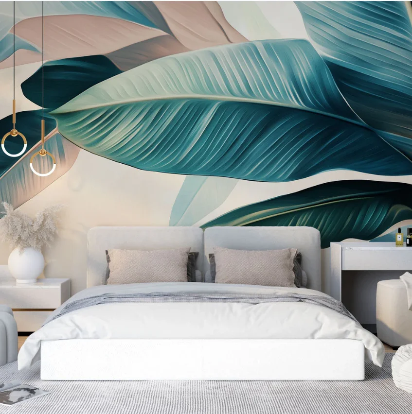 Customized French Tropical Leaf Mural Wallpaper modern green pink green European style art murals wallpapers home decor