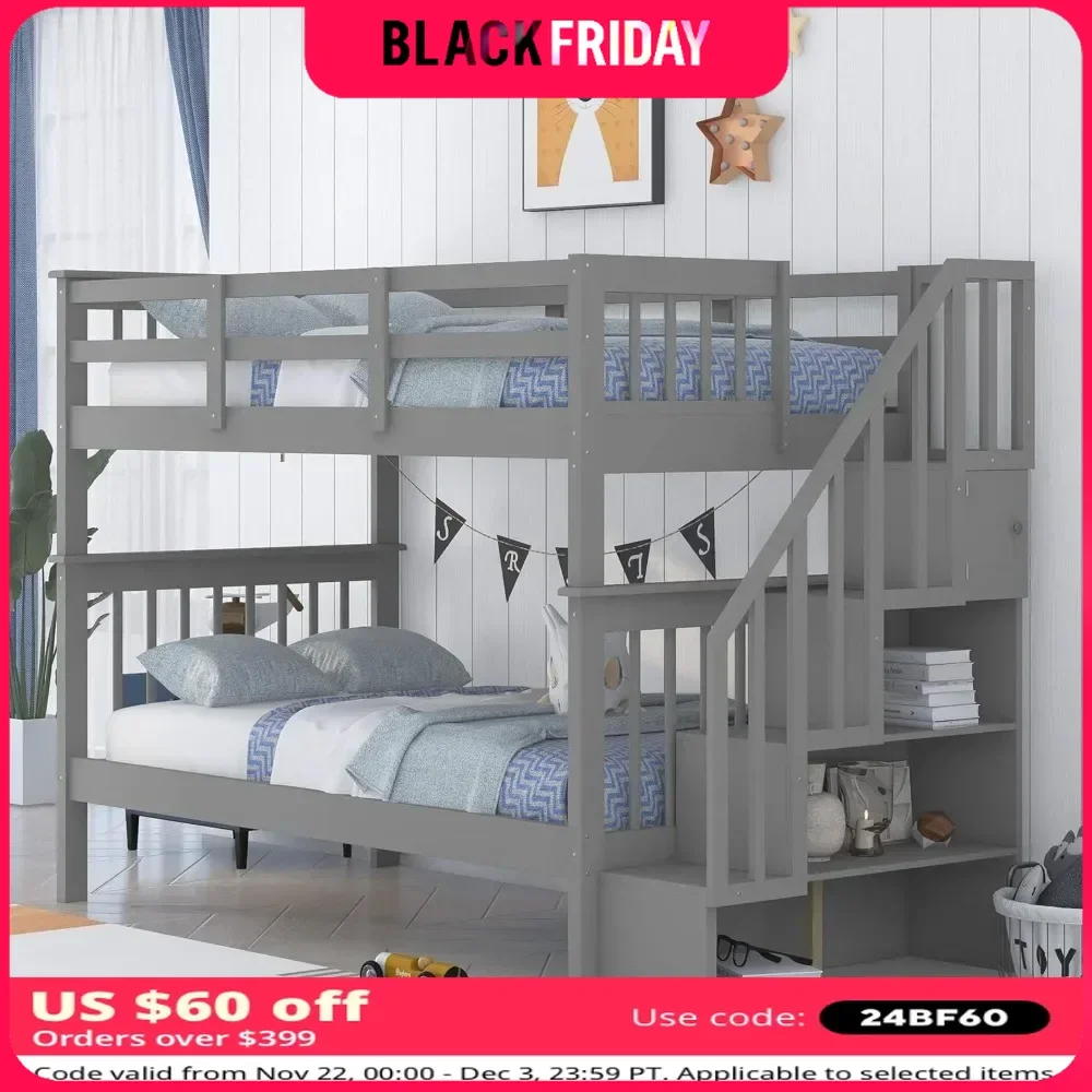 Bunk Beds Twin Over Twin with Stairs, with Storage and Guard Rail,for Kids, Bedroom, Dorm, Teens, Adults,Wood Bunk Bed Frame