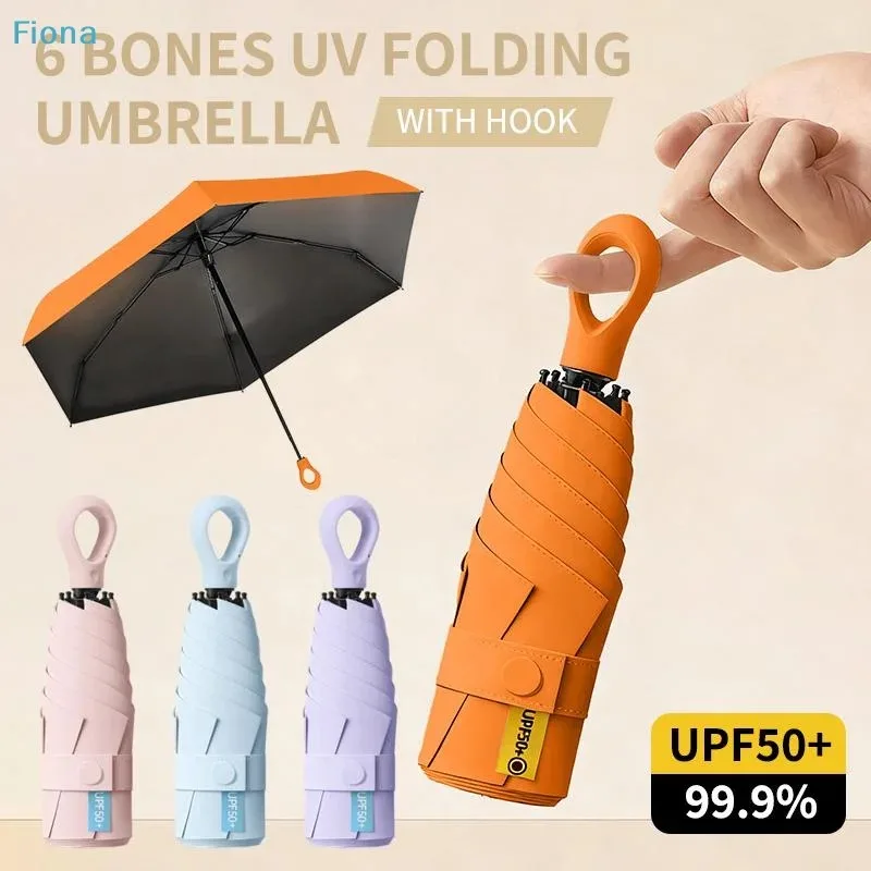 6 Ribs UPF50+ UV Protection Folding Umbrella with Hook Handle,Sun & Rain Umbrella for Travel