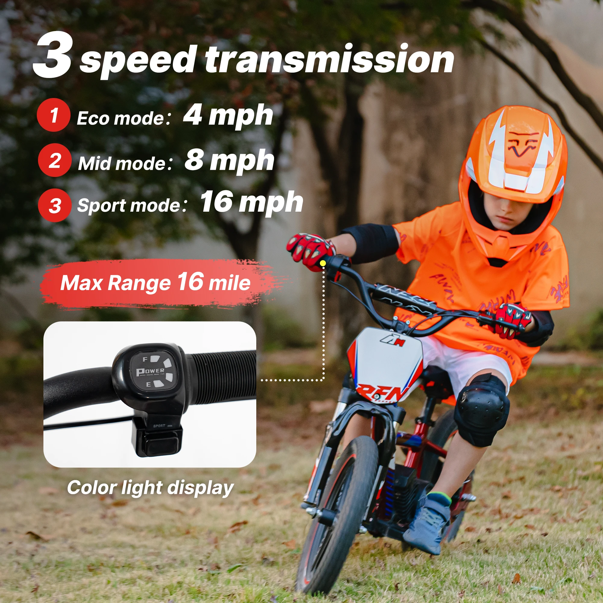 Bicicleta elétrica da sujeira RFN, bicicleta máxima de equilíbrio do motor de 500 W para crianças, 16 MPH e 3 velocidades e pneus off-road de 16 polegadas Ebike para maiores de 4 anos