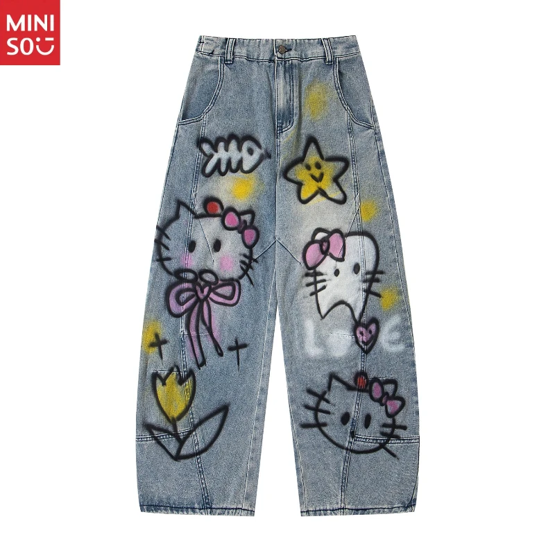 

American Retro Graffiti Cartoon Print Washed Kukri Jeans Unisex Loose Wide Leg Pants