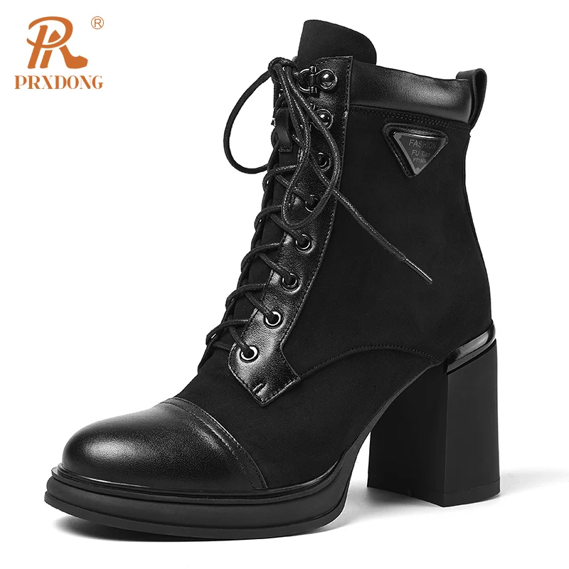 PRXDONG 2023 New Brand Autumn Winter Warm Ankle Boots Shoes Chunky High Heels Lace Up Dress Party Work Female Riding Boots 34-40