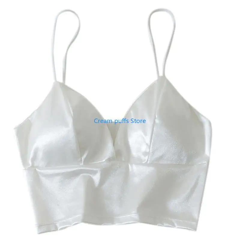 50LE Women Sexy Silky Satin Bralette Deep V-Neck Color Camisole Crop Top Wireless Padded Bra Wrapped Chest