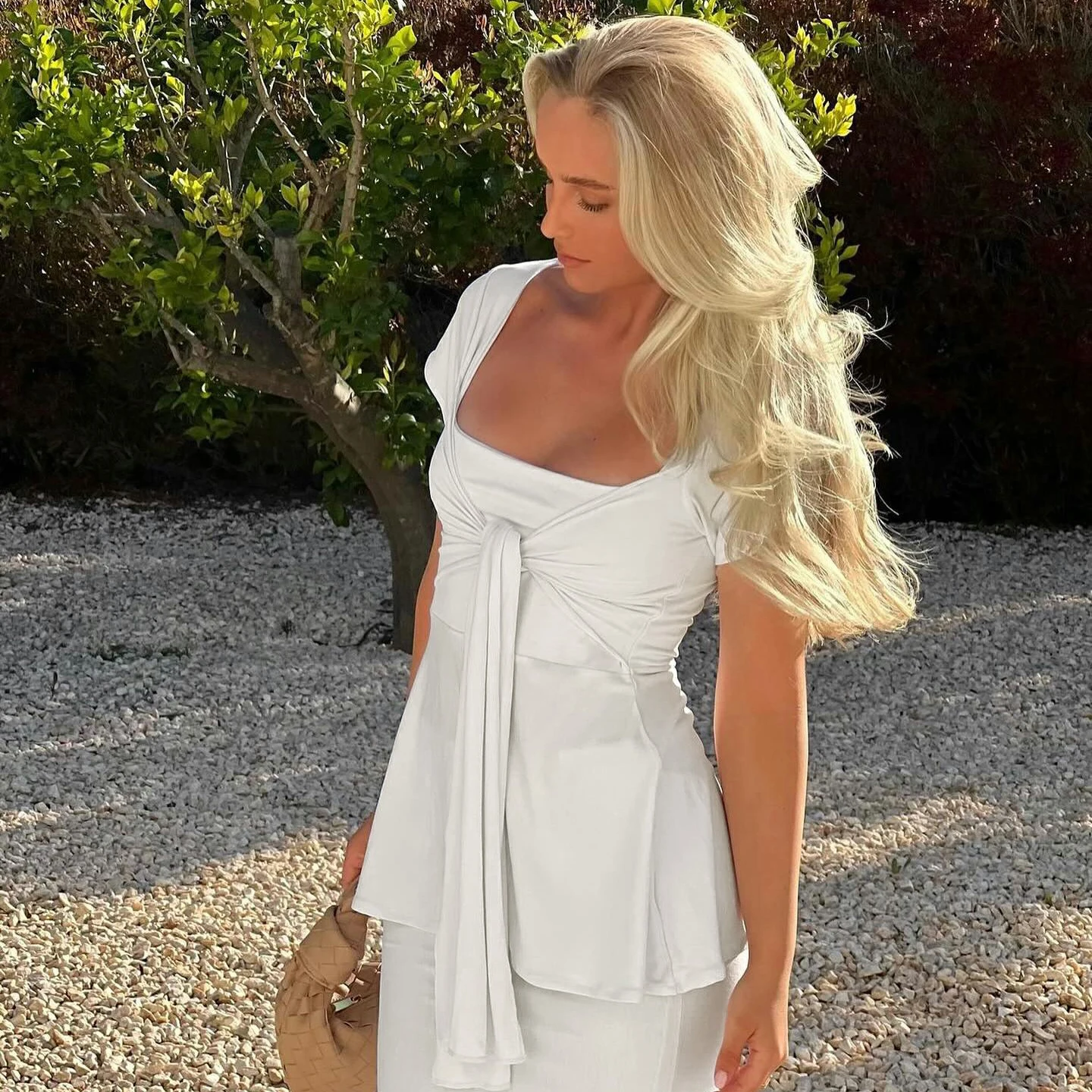 

[RUOKE] Elegant Women Bandage Top Square Neck Tie Front Short Sleeve Peplum Blouse Old Money Chic Vacation Tees Spring Summer