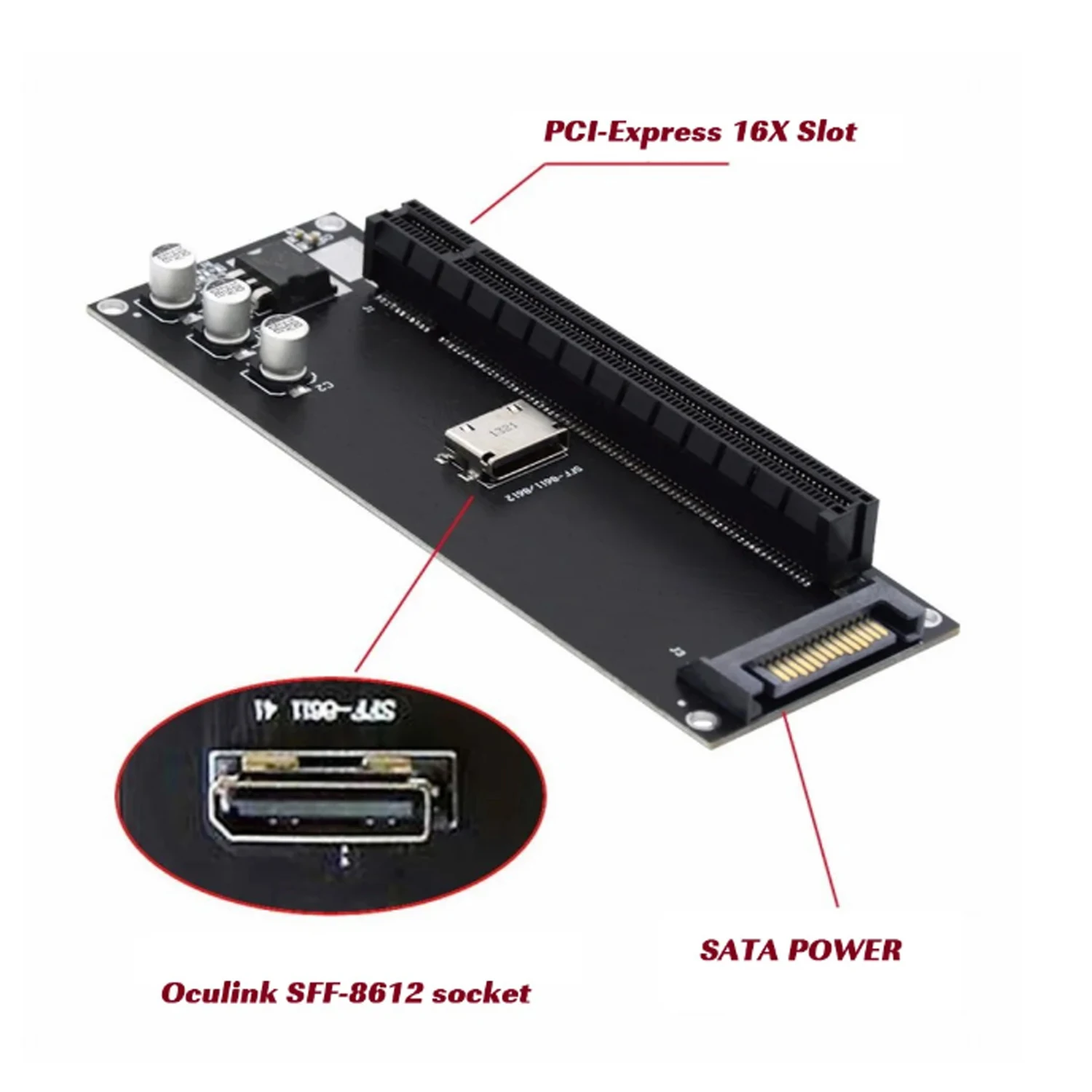 

Адаптер Oculink SFF-8611 SFF-8612 4i на PCIe 4.0 PCI-E Express 16x 4x с портом питания SATA для материнской платы и видеокарты