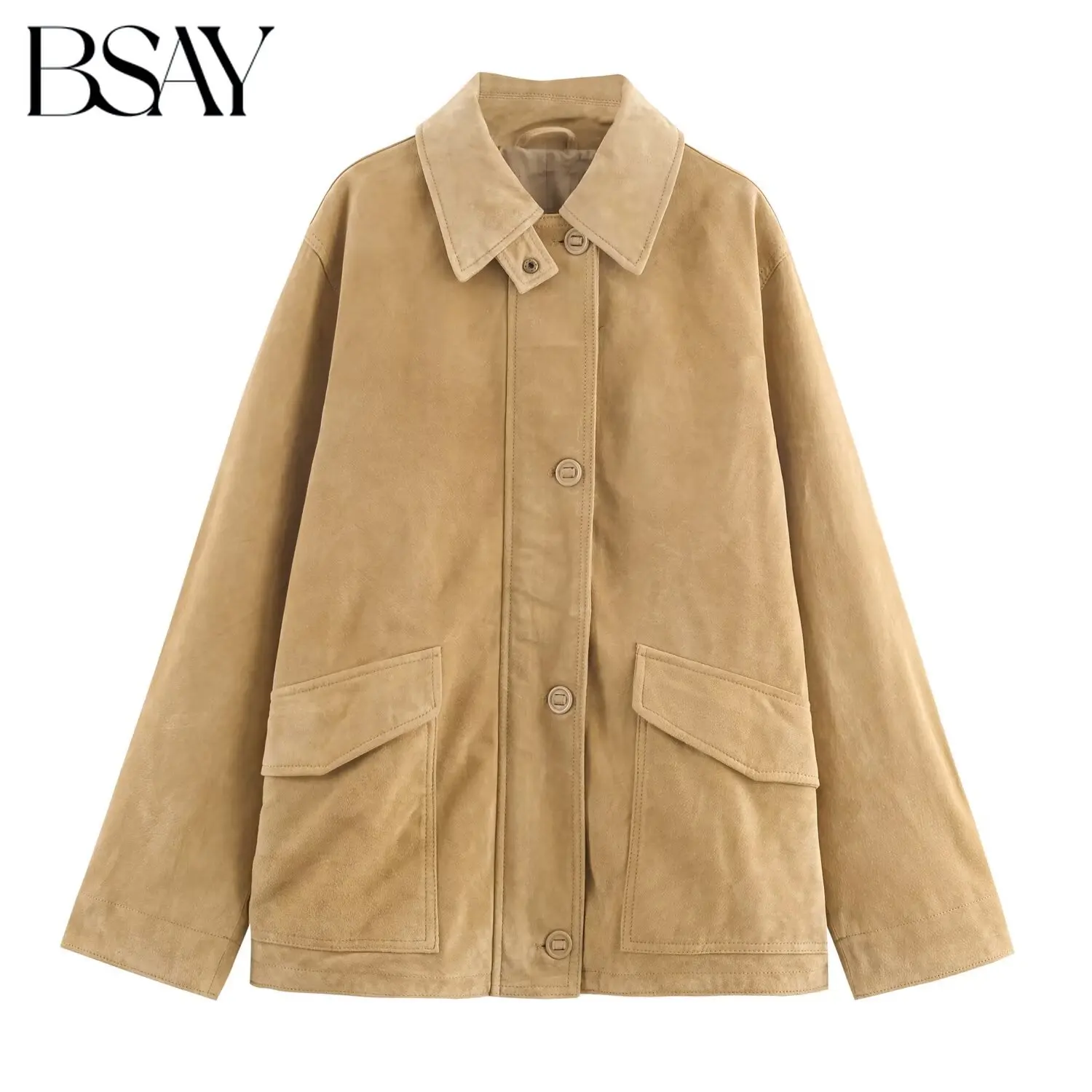 

BSAY Suede Texture Jacket for Women Fashion Autumn Winter Solid Long Sleeved Single Breasted Pocket Short Coats Chic Ladies Tops