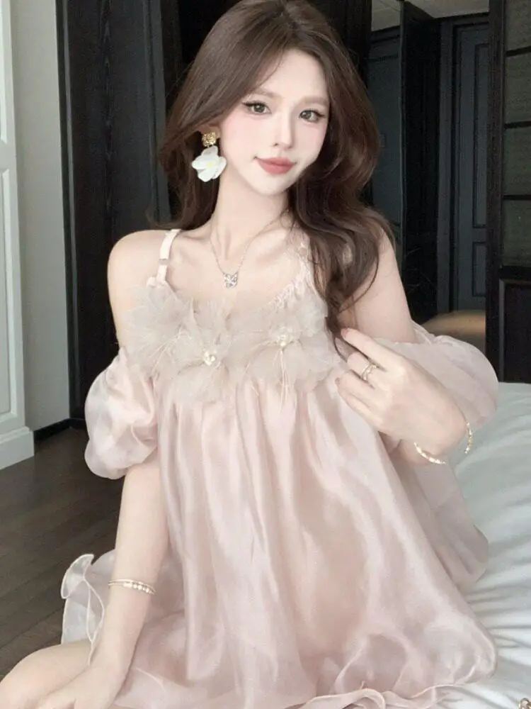 Elegant Floral Print Chiffon Top Women's Sexy Shoulder Bared Mid-Length Unique 3D Flower Design Beautiful Top for Date