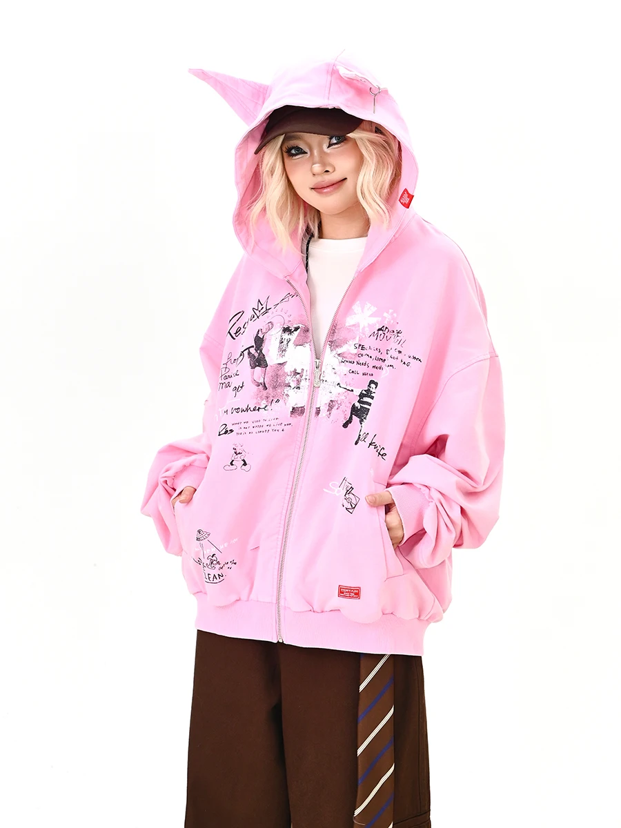 

Lazy Punk Ear Hoodie Women's Loose Fitting Bf Sle Korean College Windbreaker Spring 2026 Streetwear Long Sve Sweatirt