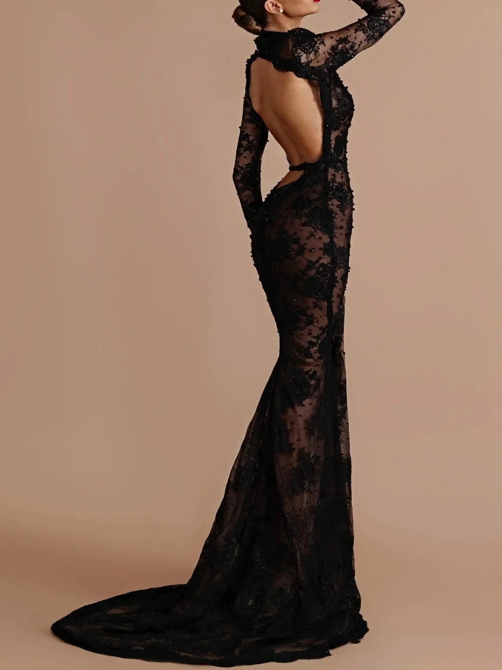 Black Lace Illusion High Neck Evening Dress No Gloves Customized Mermaid Sexy Backless Celebrity Prom Formal Occasions Gown