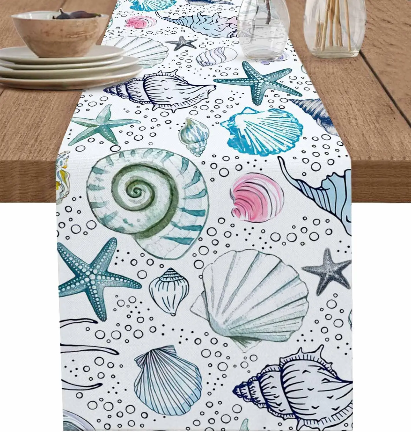 Nautical Seashell Coastal Ocean Linen Table Runner Dresser Scarves Farmhouse Kitchen Dining Table Runner Holiday Party Decor