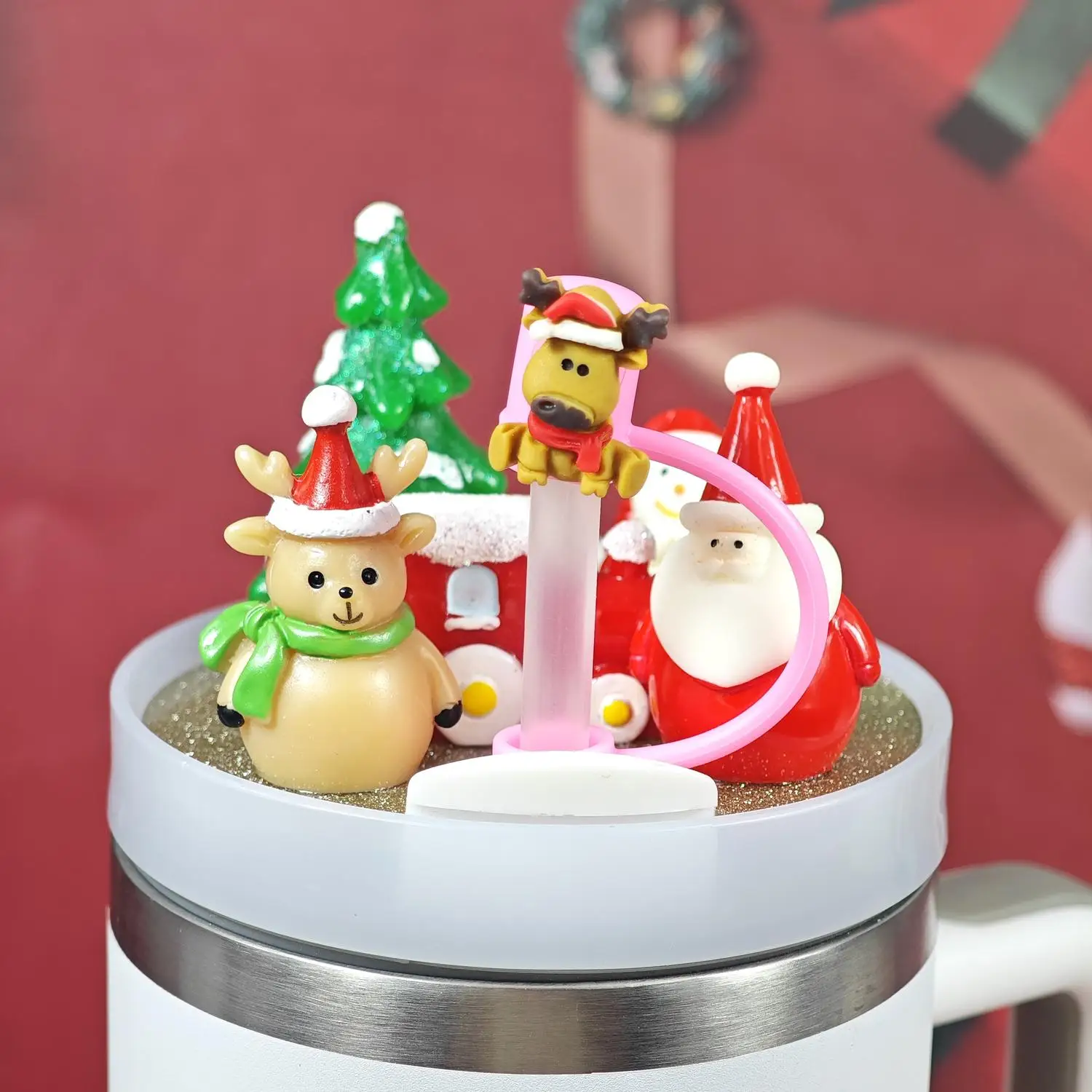 Miniature Landscape Christmas Straw Topper Dust Cap Acrylic Fixed Plate for 40oz Cup Lid Unique Party Favor Accessory