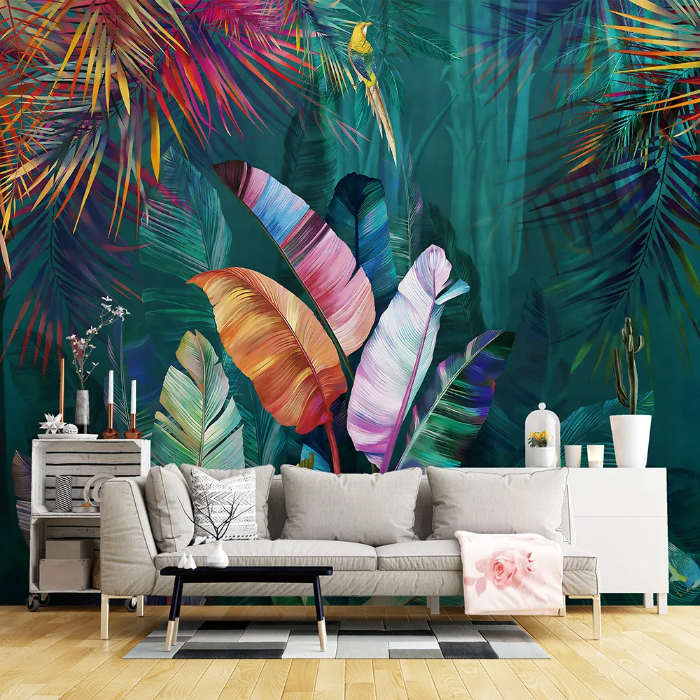 Xuesu Carta da parati impermeabile ispessita personalizzata, piante tropicali e murales colorati con foglie di banana