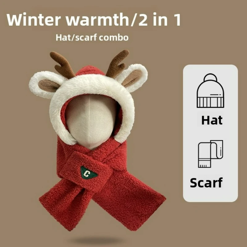 

Красная рождественская шапка для женщин с уютной атмосферой, плюшевой шапкой из рога, шарфом и перчатками «все в одном», морозостойкостью и теплыми